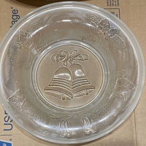 Vintage Clear Glass Bowl with Bell Design/Pinecone/Holly/Berry Design